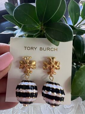 Tory Burch Gold Tone Earrings with Black and White Striped Spheres